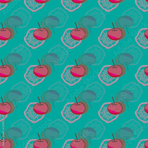 Cherries Reflection-Fruit Delight seamless repeat pattern illustration. Cherries and lace pattern with cherry reflection shapes in green,red,brown and pink. Perfect for fabric, scrapbook,wallpaper.