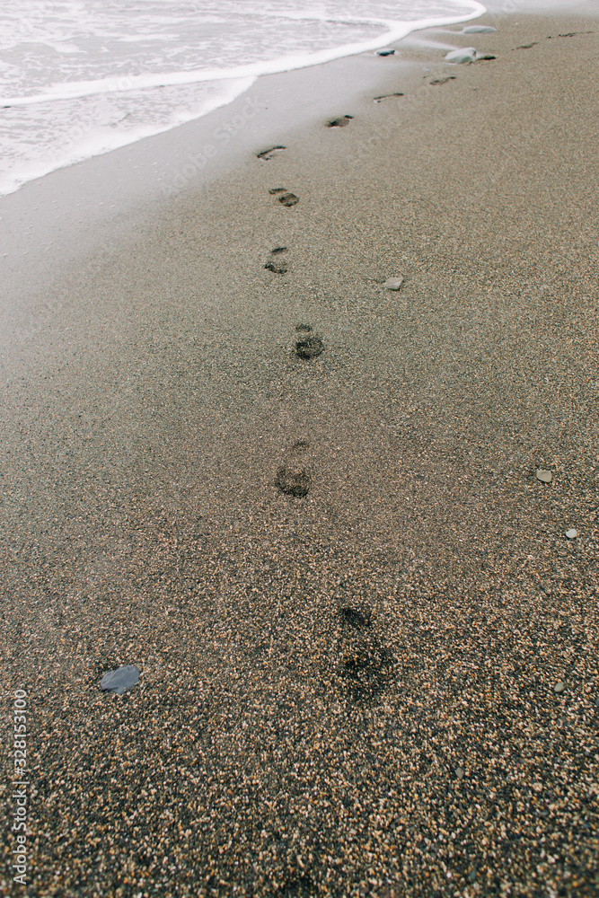 footprints on the wet sand from the sea wave on the beach footprints on the wet sand from the sea wave on the beach