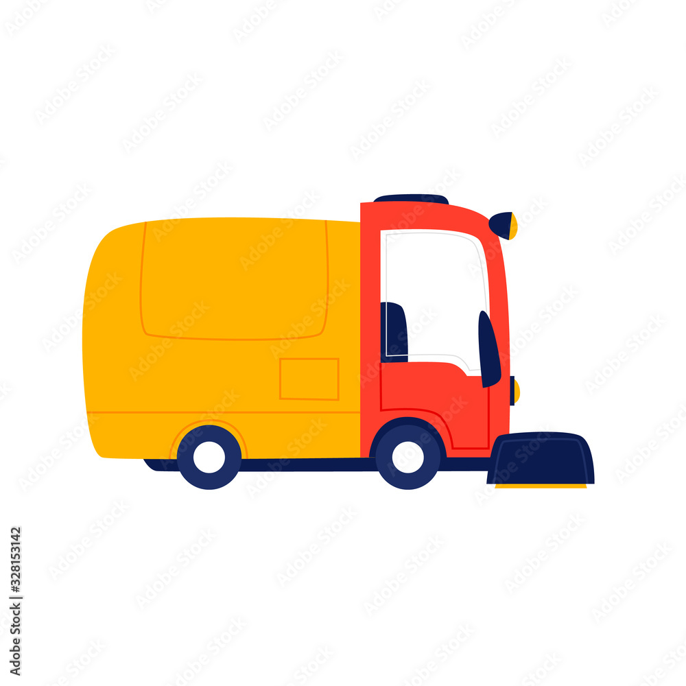 Street cleaning, car cleaning up trash, sweeping. Flat style vector illustration.