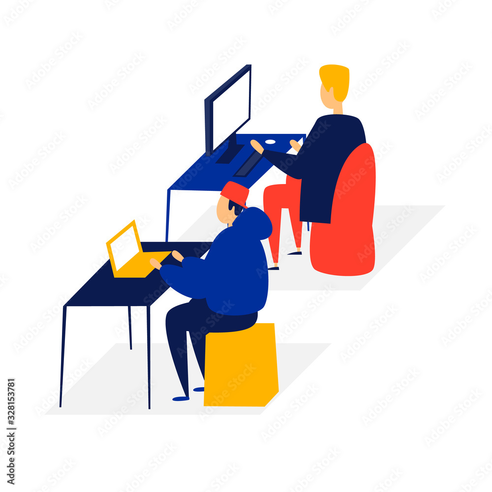 Office life, people work at computers, 3D, isometry, workplace, business, data analysis. Flat style vector illustration. Office life, people work at computers, 3D, isometry, workplace, business, data analysis. Flat style vector illustration.
