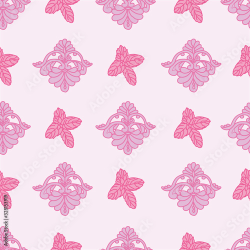 Mint Lace-Wild Leaves seamless repeat pattern. Retro decorative shapes and leaves in pink on white. Perfect for Fabric, Scrapbook, wallpaper.