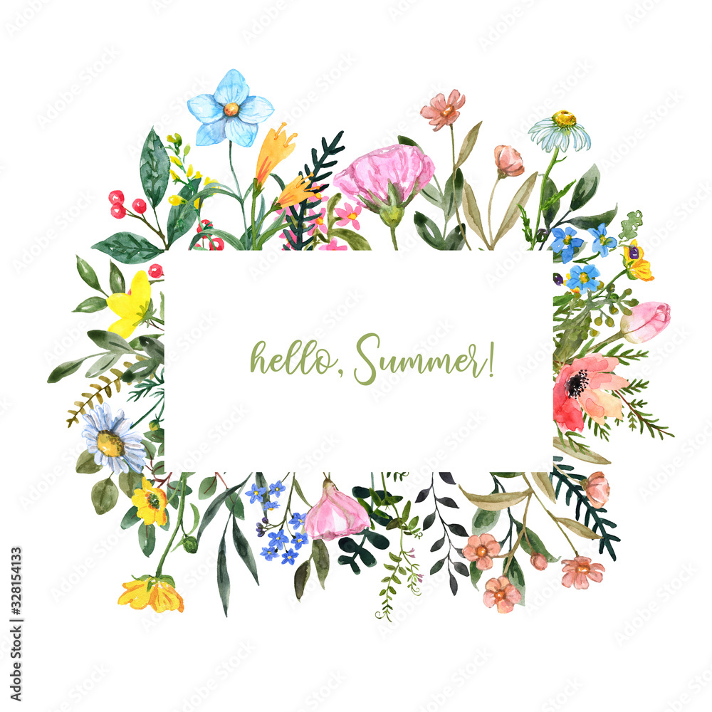 Beautiful wildflower border with hand painted summer meadow flowers, herbs, grass, leaves, isolated on white background. Square botanical flower frame.