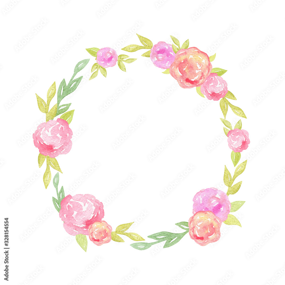 watercolor hand drawn flower wreath with pink and green elements isolated on white background, easter decoration, spring card.
