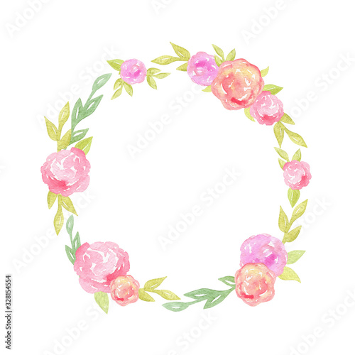 watercolor hand drawn flower wreath with pink and green elements isolated on white background, easter decoration, spring card.
