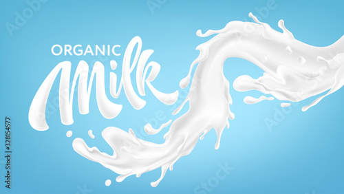 Realistic splashes of milk on a blue background. Organic Milk Handwriting Lettering Calligraphy Lettering. Vector illustration