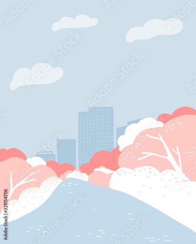 Spring city with cherry blossom trees near river. Buildings on skyline. Hanami - asian sakura festival.