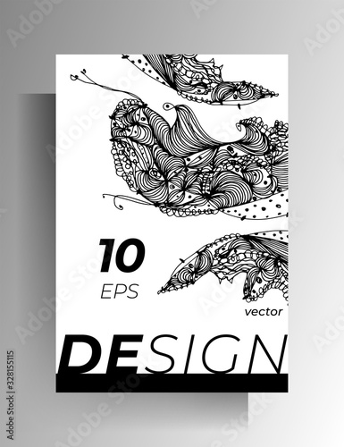 Cover design for book, magazine, catalog brochure. Black and white graphic elements are manually drawn. Vector 10 EPS.