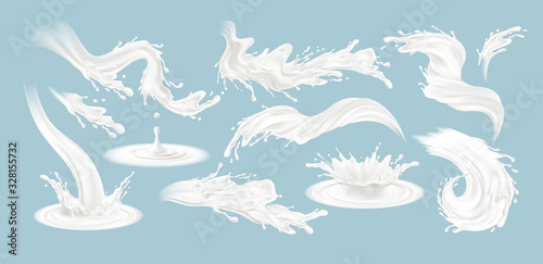 Set of realistic splashes of milk isolated on a blue background. White fluid. Vector illustration