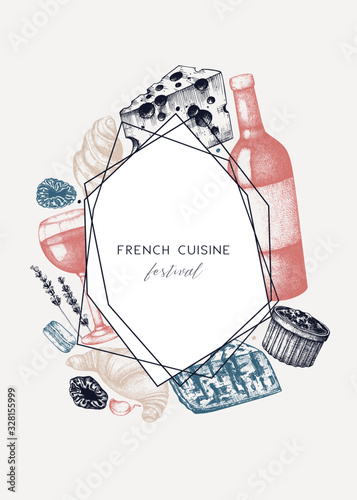 French cuisine menu design . Hand drawn vector food and drink festival dishes illustrations. Vintage style french food and beverages restaurant menu template. Chalkboard background