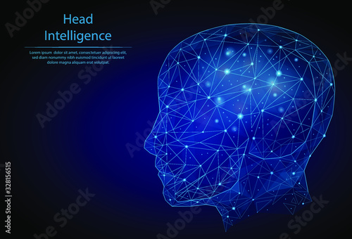 Abstract image human intelligence in the form of a starry sky or space, consisting of points, lines, and shapes in the form of planets, stars and the universe. 3D Low poly vector. Head. Neural cells.