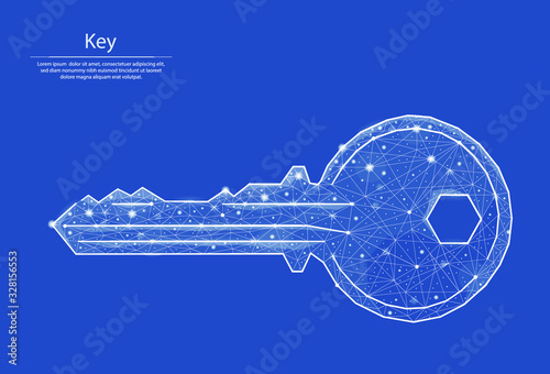 Low poly vector illustration of key in the form of lines and dots, consisting of triangles and geometric shapes. 3d polygonal space. The key to the lock of the apartment, house or safe.