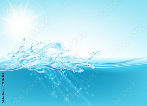 Water stream splashes realistic illustration on a blue sea background. Vector illustration