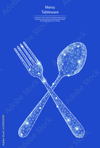 Low poly vector illustration of spoon and fork in the form of lines and dots, consisting of triangles and geometric shapes. 3d polygonal space. Menu or restaurant business. Kitchen appliance.