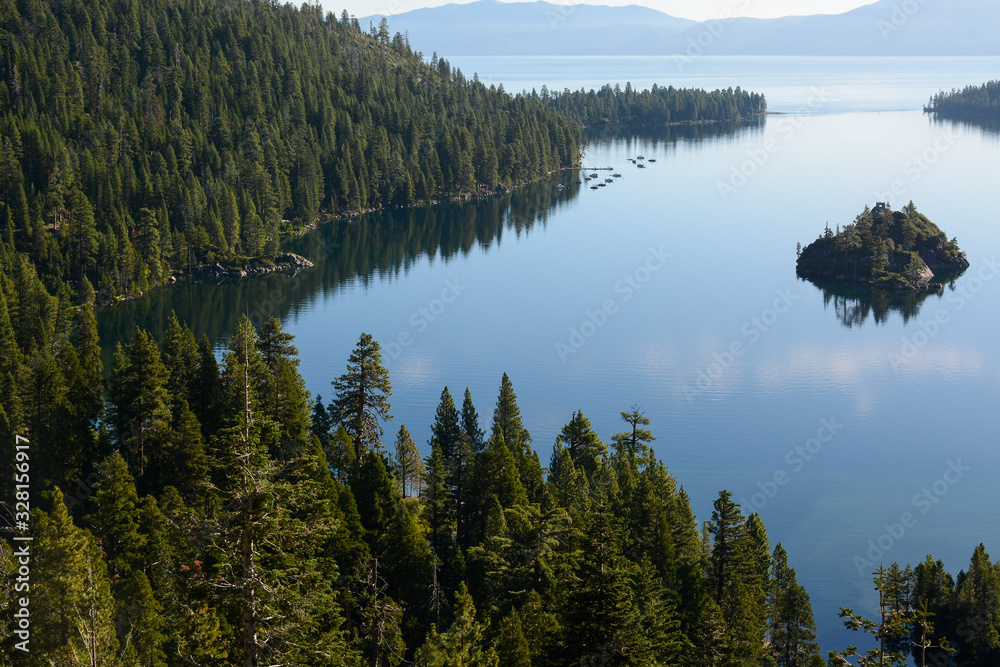 SOUTH LAKE TAHOE, CALIFORNIA, USA - AUGUST 21, 2019: Emerald Bay on Tahoe Lake in the morning SOUTH LAKE TAHOE, CALIFORNIA, USA - AUGUST 21, 2019: Emerald Bay on Tahoe Lake in the morning