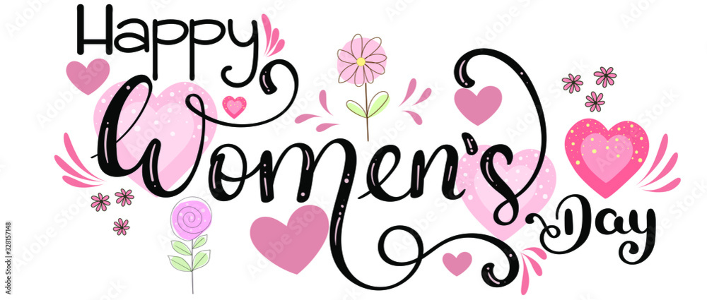 8 March. Happy WOMEN'S DAY text decorated with flowers and hearts of love. Illustration Women's day