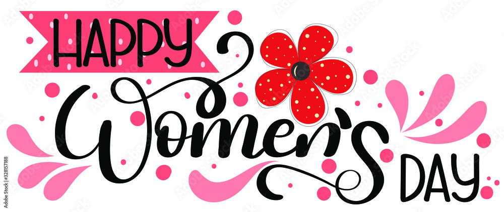 8 March. Happy WOMEN'S DAY text decorated with flowers and hearts of love. Illustration Women's day 8 March. Happy WOMEN'S DAY text decorated with flowers and hearts of love. Illustration Women's day