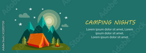 Tent Camping at Night with Mountain and Trees Banner