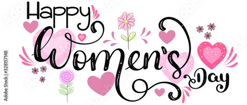 8 March. Happy WOMEN'S DAY text decorated with flowers and hearts of love. Illustration Women's day