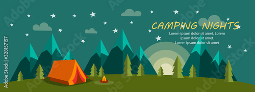 Tent Camping at Night with Mountain and Trees Banner