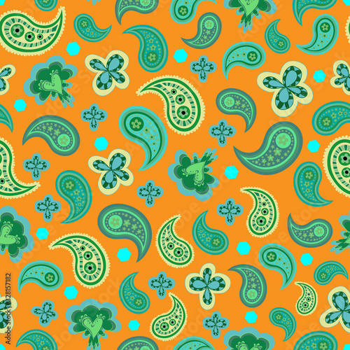 Fresh Garden-Paisley Dreams seamless repeat pattern. Colorful pattern of abstract flowers, paisley pentagon shapes. Fresh pattern in orange,green,blue and yellow.. Perfect for fabric, scrap book,
