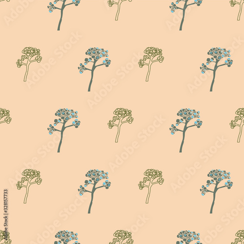 Fresh Buds-Flowers in Bloom seamless repeat pattern in green,olive green and blue on cream background. Fresh flower buds pattern background. Perfect for fabric, scrapbook, wallpaper.
