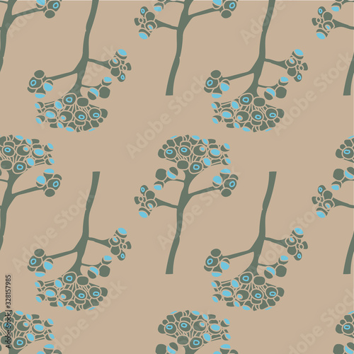 Delicate Buds-Flowers in Bloom seamless repeat pattern in green blue and brown . Fresh field decorative flower buds pattern background. Perfect for fabric, scrapbook, wallpaper.
