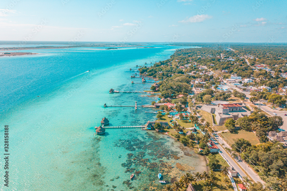 Obraz premium Aerial view of Bacalar Lagoon, near Cancun, in Riviera Maya, Mexico