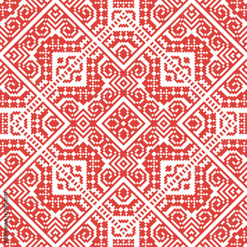 Seamless pattern in ethical style. The motif is made in the technique of pixel art.
