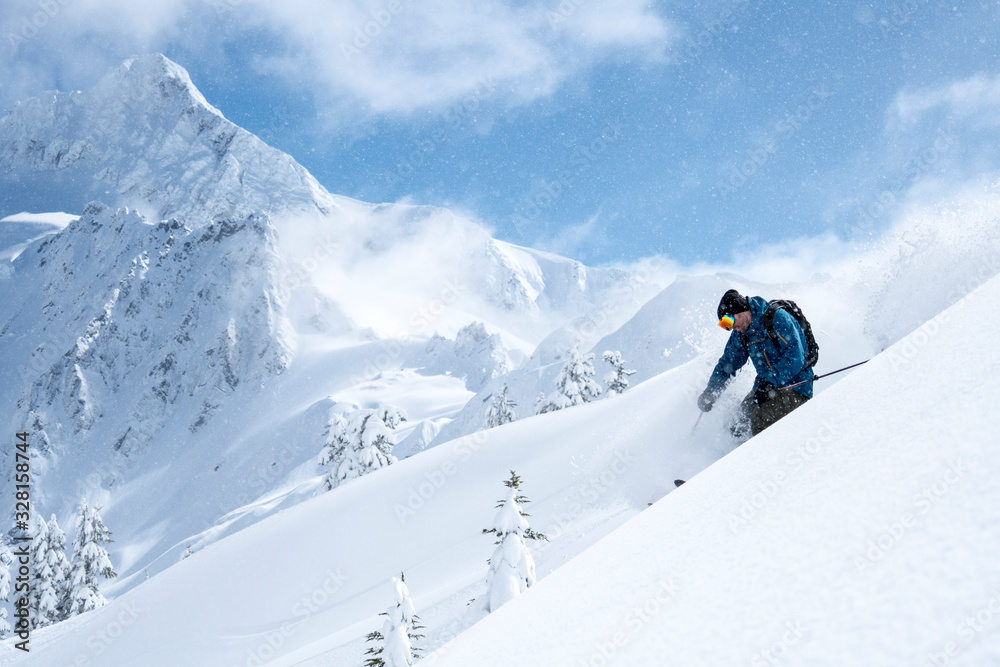 Man skiing in backcountry at Mt. Baker, Washington