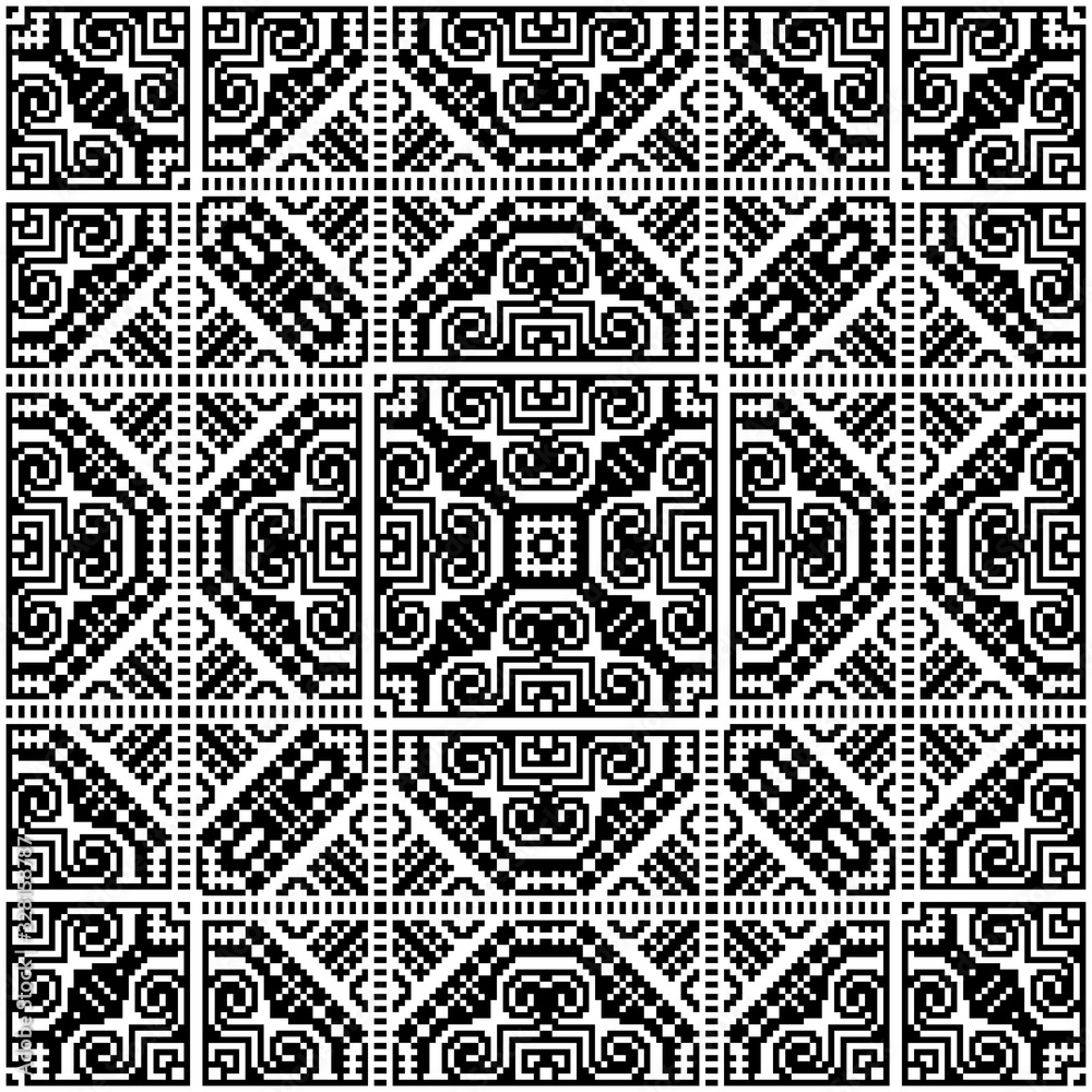 Seamless pattern in ethical style. The motif is made in the technique of pixel art. Seamless pattern in ethical style. The motif is made in the technique of pixel art.