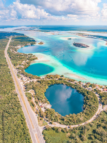 Aerial view of Bacalar Lagoon and Blue Cenote, near Cancun, in Riviera Maya, Mexico