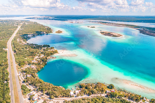 Aerial view of Bacalar Lagoon and Blue Cenote, near Cancun, in Riviera Maya, Mexico photo