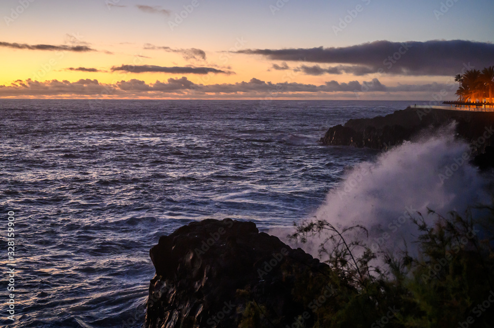 Dangerious ocean stormy waves hits black lava rocks on La Palma island, Canary, Spain Dangerious ocean stormy waves hits black lava rocks on La Palma island, Canary, Spain