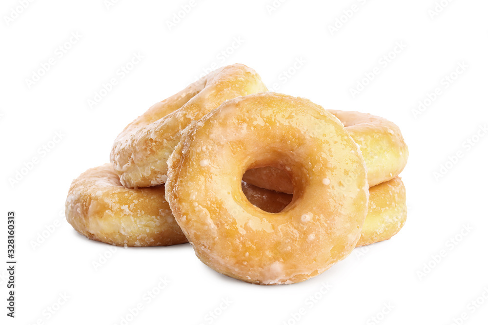 Sweet delicious glazed donuts on white background Sweet delicious glazed donuts on white background