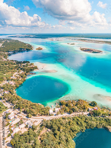 Aerial view of Bacalar Lagoon and Blue Cenote  near Cancun  in Riviera Maya  Mexico