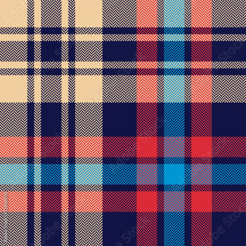 Herringbone plaid pattern. Seamless vector tartan check plaid texture in dark blue, red, and beige for flannel shirt, scarf, blanket, and other modern textile design.
