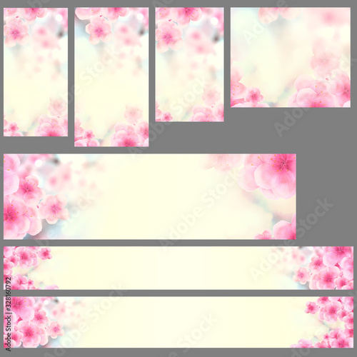 Set of vertical and horizontal Japanese Spring Sakura cherry blossoms website banner backgrounds. 3D Illustration Clip-Art with Floral spring petal design header. copy space in pink, yellow and blue