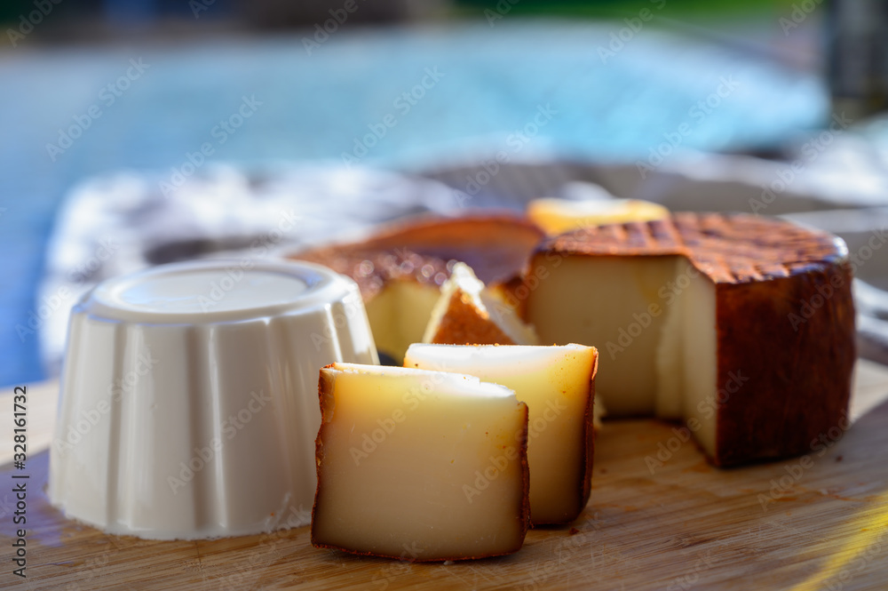 Cheese collection, piece of Spanish manchego cheese made from cow milk with red paprika and soft white cheese