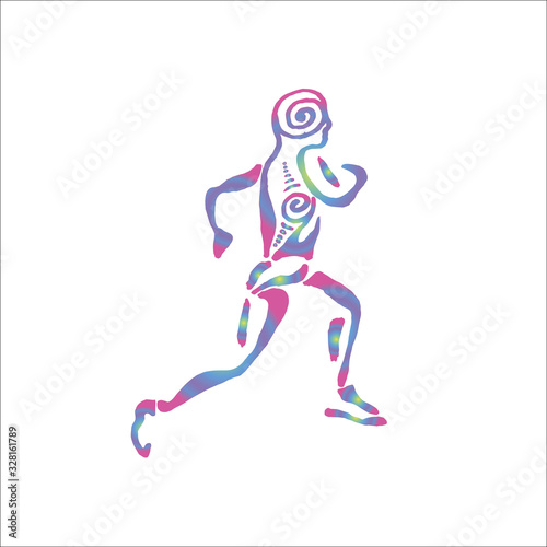 Color illustration of a running man with a spiral ornament. Healthy lifestyle.