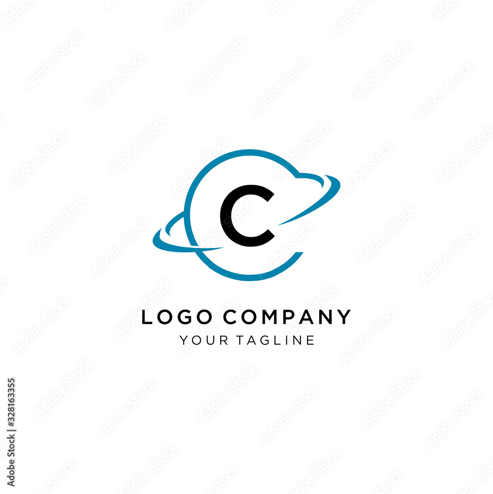 Fototapeta premium Abstract letter C logo,gold and silver star symbol,sign saturn,ring shape with sample text for your company