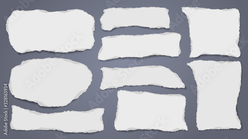 Torn white note, notebook paper strips, pieces stuck on dark blue background. Vector illustration