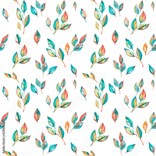 Watercolor colorful leaves, seamless pattern