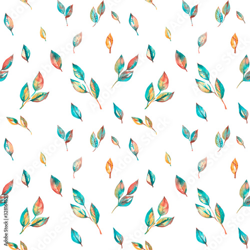 Watercolor colorful leaves, seamless pattern