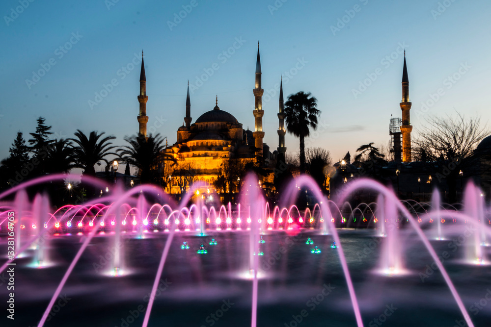 ISTANBUL, TURKEY - JANUARY 1, 2019:  Park in Sultanahmet Square with the fountain, in Istanbul, Turkey.