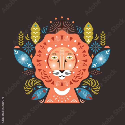 Lion head stylized illustration. Greeting or invitation card. Banner, poster , flyer template. Birthday card. Flat ornamental design, cover design