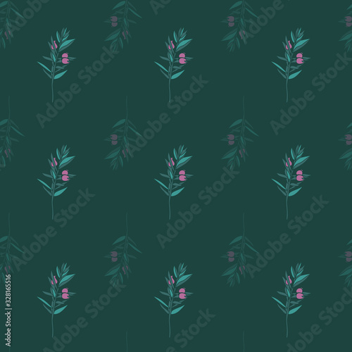 Mirtle Collection-Flowers in Bloom seamless repeat pattern in pink and bottle green. Decorative mirtle leaves pattern background. Perfect for fabric, scrapbook, wallpaper.
