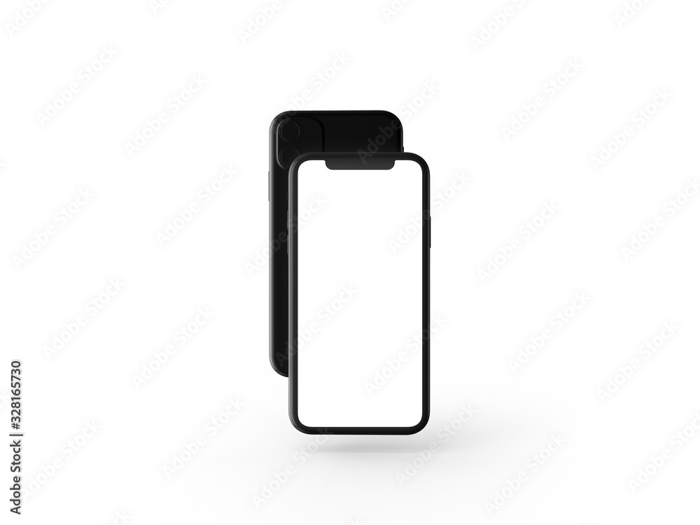 Smartphones in perspective - mockup front side with white screen and back side with camera - black clay render Smartphones in perspective - mockup front side with white screen and back side with camera - black clay render