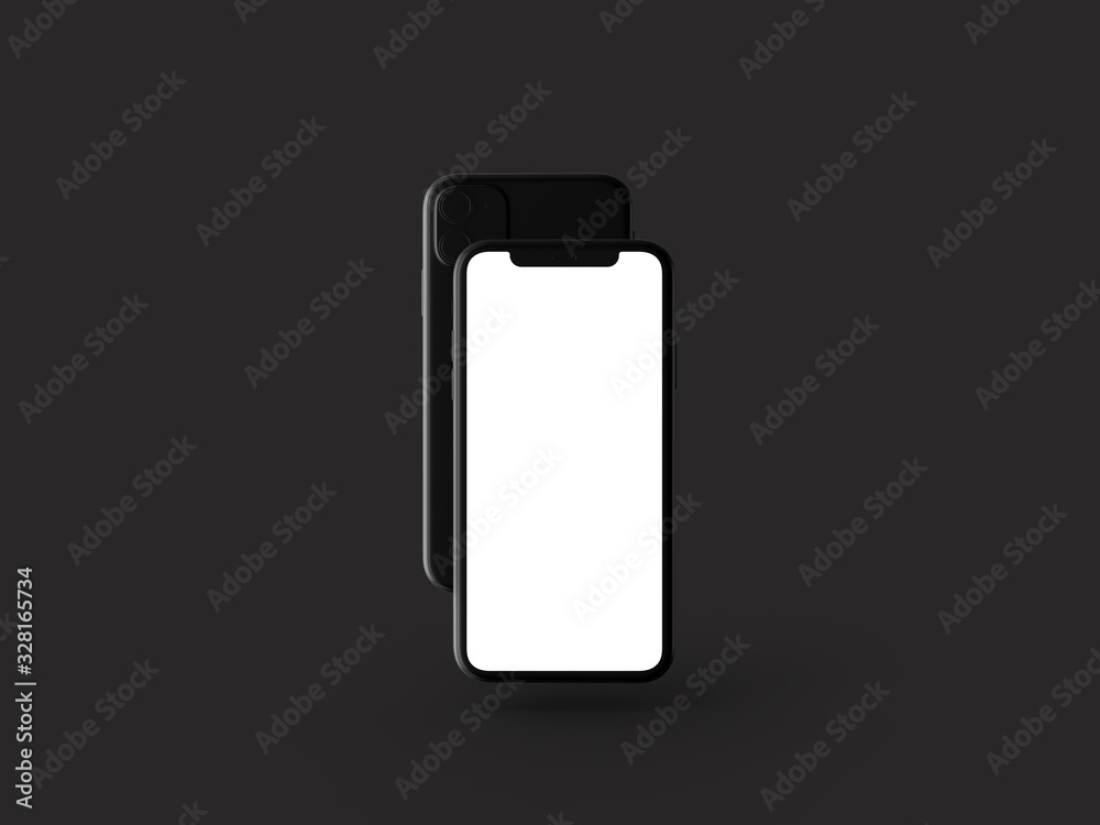 Smartphones in perspective - mockup front side with white screen and back side with camera - black clay render Smartphones in perspective - mockup front side with white screen and back side with camera - black clay render