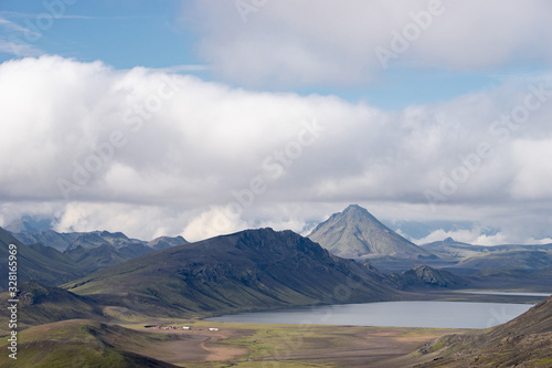 View mountain valley with green hills  river stream and lake. Laugavegur hiking trail  Iceland