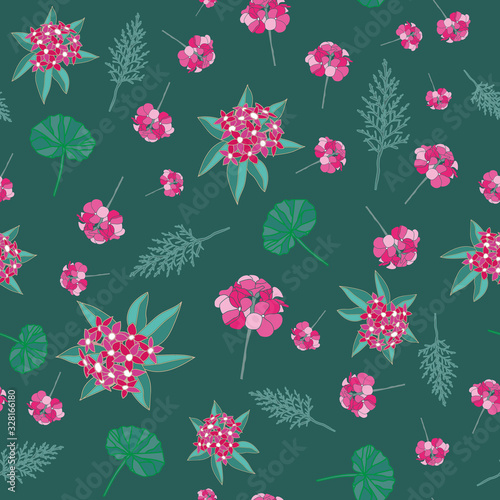 Fresh Garden-Flowers in Bloom Seamless Repeat Pattern. Geranium, leaves pantas flowers pattern background in shades of pink,and green. Surface pattern Design. Perfect for Fabric, Scrapbook,wallpaper